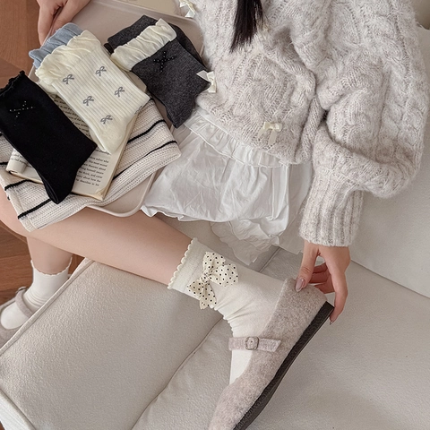 Calze Metà Polpaccio Donna Misto Cotone Fiocco Pois Bordo Arricciato Dolce Stile Balletcore A Coste Moda