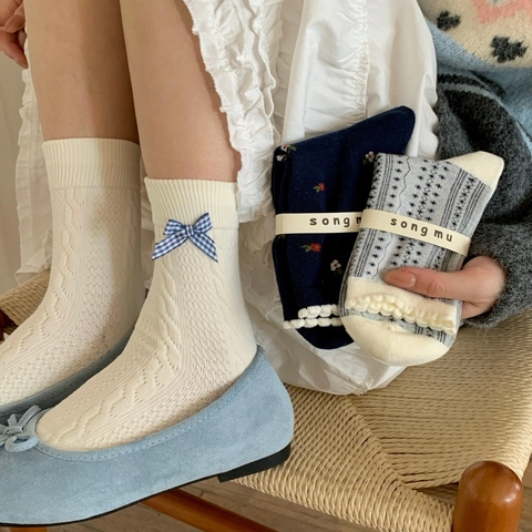 Damen Crew Socken Gekämmte Baumwollmischung Süße Schleife Floral Geometrisch Japanischer Mori Stil Vintage Mittelhoch Weich