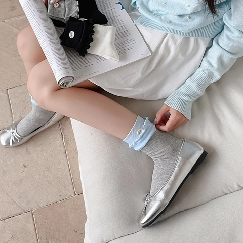 Calcetines De Media Caña Con Volantes Para Mujer Algodón Peinado Color Block Botón Decorativo Estilo Coreano Preppy Suave Transpirable