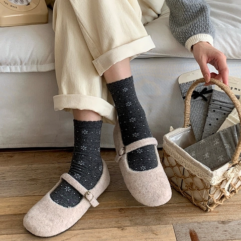 Women Crew Socks Combed Cotton Breathable Sweet Bowknot Polka Dot Floral Ruffle Edge Korean Style Autumn Winter
