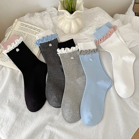 Calze Al Polpaccio Misto Cotone Donna Con Bordo Lattuga Decorazione Cuore Morbido Traspirante Dolce Calzetteria