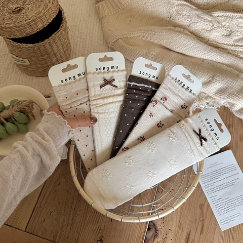 Calze Al Polpaccio Donna Cotone Pettinato Traspirante Fiocco Floreale Pois Stile Retro Mori Girl Giapponese Casual Morbido