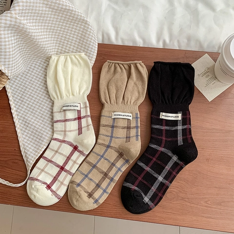Damen Crew Socken Baumwollmischung Kariertes Muster Rüschenmanschette Retro Stil Atmungsaktiv Wadenhoch Hosiery