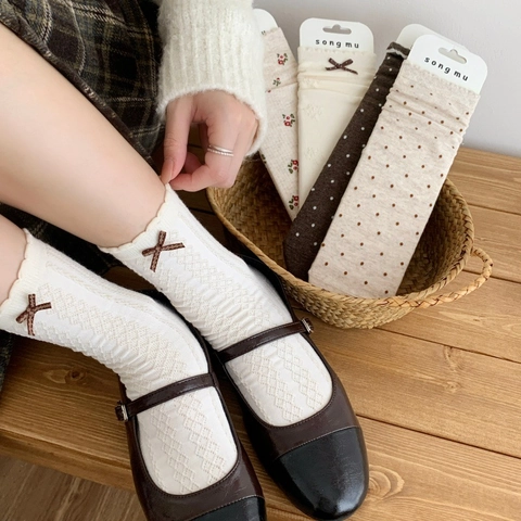 Calze Al Polpaccio Donna Cotone Pettinato Traspirante Fiocco Floreale Pois Stile Retro Mori Girl Giapponese Casual Morbido