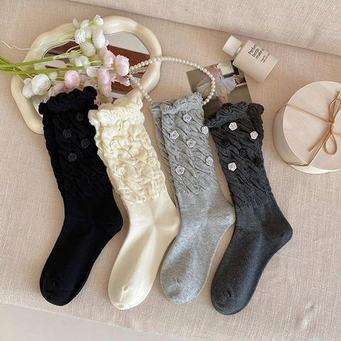 Women Slouchy Mid Calf Socks Cotton Blend Three Dimensional Rose Flower Ruffle Lettuce Edge Sweet Vintage French Style