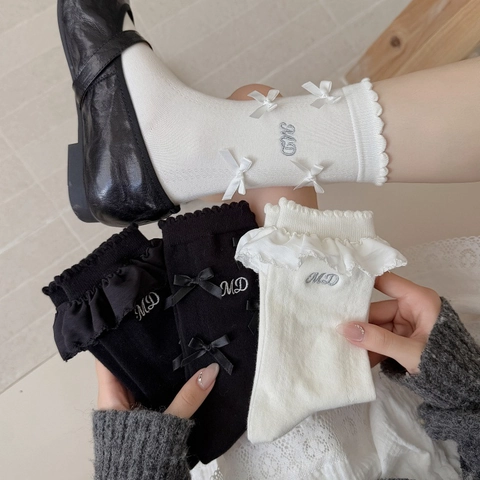 Calzini Crew Donna Misto Cotone Dolce Fiocco Bordo Pizzo Ricamo Lettere Stile Lolita JK Traspirante Morbido