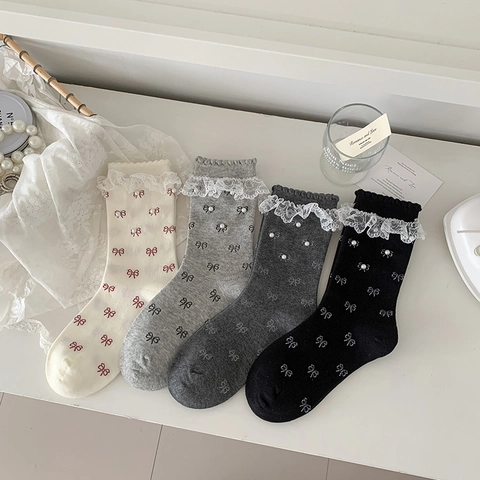 Damen Crew Socken Baumwollmischung Spitzenbesatz Kunstperlen Schleifenmuster Süßer Koreanischer Stil Weich