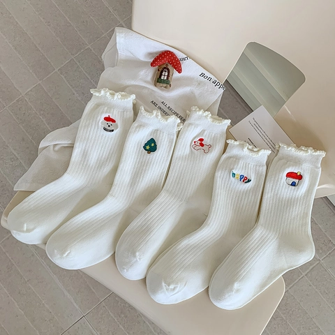 Women Mid Calf Socks Cotton Blend Cartoon Embroidery Ruffle Trim Ribbed Knit Japanese Style Kawaii Crew Socks