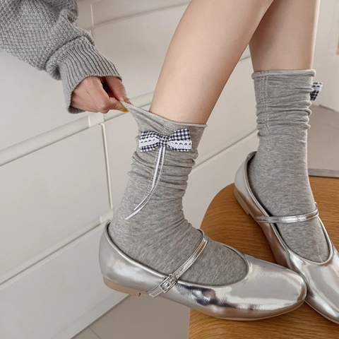 Chaussettes Mi-Mollet Femmes Mélange Coton Nœud Écossais Ruban Froncé Style Balletcore Respirant Doux