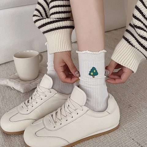 Women Mid Calf Socks Cotton Blend Cartoon Embroidery Ruffle Trim Ribbed Knit Japanese Style Kawaii Crew Socks