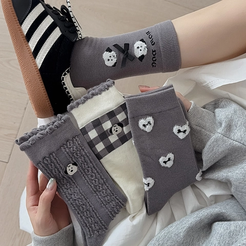 Damen Crew Socken Baumwollmischung Süße Cartoon Hund Stickerei Schleife Rüschenrand Weich Atmungsaktiv