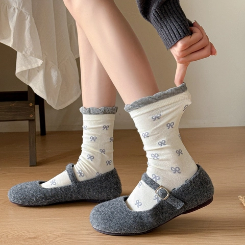 Calze Al Polpaccio Dolci Stile Balletcore Da Donna In Misto Cotone Motivo Fiocco Bordo Con Volant Traspiranti Alla Moda