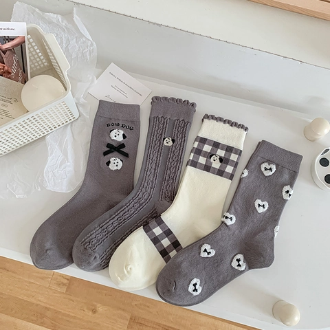 Damen Crew Socken Baumwollmischung Süße Cartoon Hund Stickerei Schleife Rüschenrand Weich Atmungsaktiv