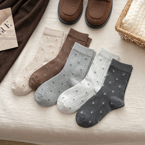 Damen Socken Crew Geblümt Bestickt Baumwolle Atmungsaktiv Casual Japanischer Stil Vintage Wadenhoch