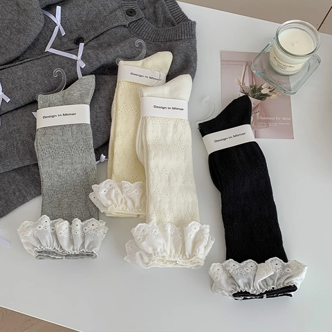 Damen Kniehohe Socken Baumwollmischung Durchbrochene Spitze Diamantmuster Süß Lolita Balletcore JK Stil Vintage Atmungsaktiv Wadenstrümpfe