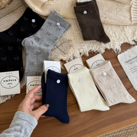 Calze Crew Da Donna Cotone Australiano Jacquard Fiocco Bottone Decorativo Traspirante Dolce Maglia A Coste Stile Coreano
