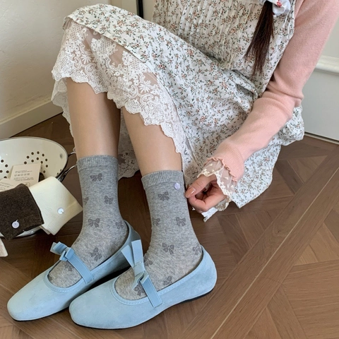 Calze Crew Da Donna Cotone Australiano Jacquard Fiocco Bottone Decorativo Traspirante Dolce Maglia A Coste Stile Coreano