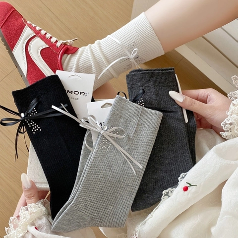 Chaussettes Mi-Mollet Femmes Mélange De Coton Nervuré Nœud Papillon Strass Style Coréen Doux Élégant