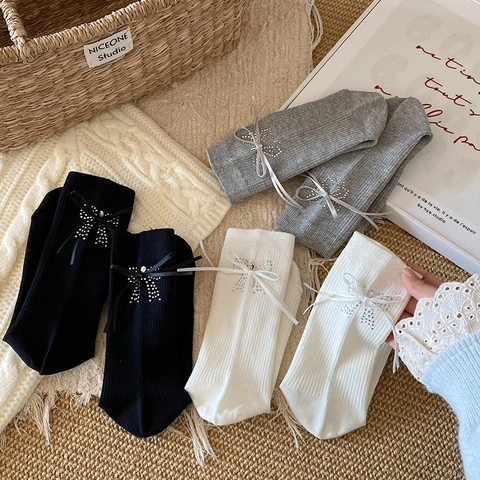 Chaussettes Mi-Mollet Femmes Mélange De Coton Nervuré Nœud Papillon Strass Style Coréen Doux Élégant
