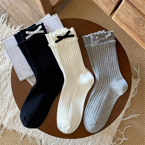 Chaussettes Mi-Mollet Pour Femmes En Coton Mélangé À Côtes Avec Bordure À Volants Et Nœud En Velours Style Japonais Respirant