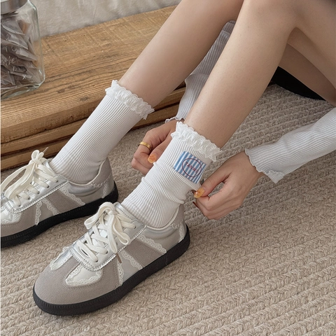 Damen Mid-Calf Mode Socken Baumwolle Gerippt Spitze Besatz Stoff Label Patch Ballett Stil Süß Koreanisch