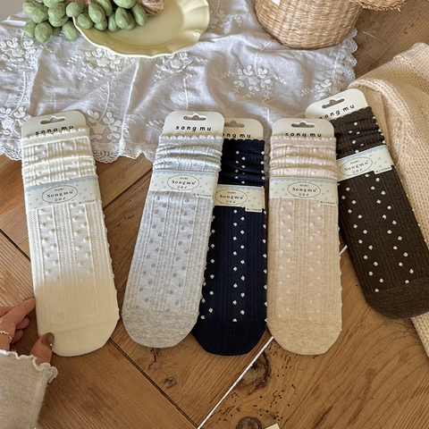 Calcetines De Algodón Para Mujer Lunares Borde Festoneado Transpirable Estilo Coreano Dulce Balletcore Suave Media