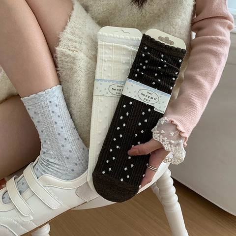 Calcetines De Algodón Para Mujer Lunares Borde Festoneado Transpirable Estilo Coreano Dulce Balletcore Suave Media