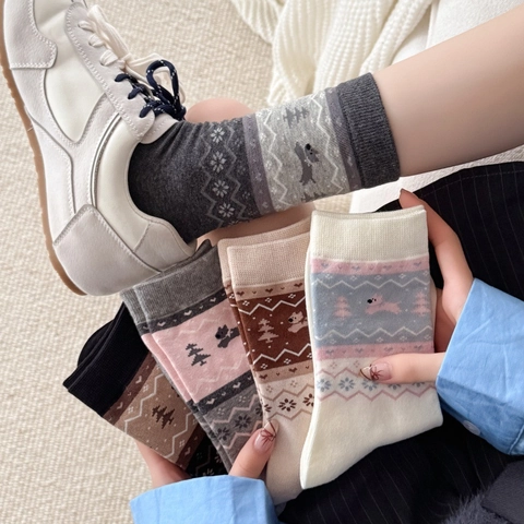Calze Crew Da Donna Cotone Pettinato Australiano Fair Isle Motivo Jacquard Nordico Cane Cartone Animato Retro Senza Cuciture