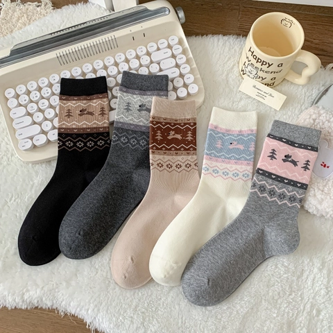 Calze Crew Da Donna Cotone Pettinato Australiano Fair Isle Motivo Jacquard Nordico Cane Cartone Animato Retro Senza Cuciture