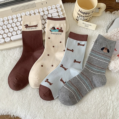 Dachshund Cartoon Mid-Calf Socks Australian Cotton Blend Breathable Soft Knit Patterned Hosiery For Women