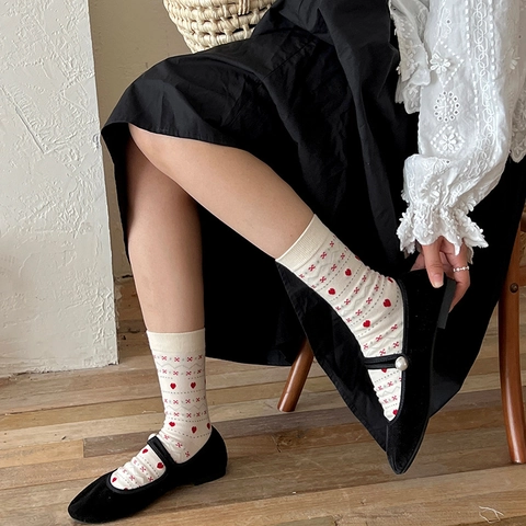 Damen Crew Socken Gekämmte Baumwolle Herzmuster Geometrisch Vintage Fair Isle Barock Stil Süße Wadenlange Socken