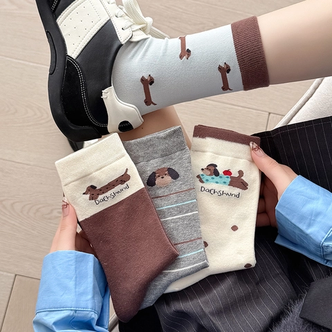 Dachshund Cartoon Mid-Calf Socks Australian Cotton Blend Breathable Soft Knit Patterned Hosiery For Women