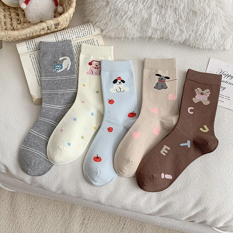 Women Mid-Calf Socks Australian Cotton Cute Cartoon Animal Embroidery Sweat-Absorbent Soft Breathable Academy Style