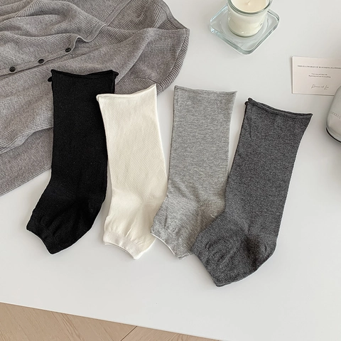 Jambières En Mélange De Coton Pour Femmes Minces Respirantes Couleur Unie Bord Roulé Chaussettes Plissées Versatiles