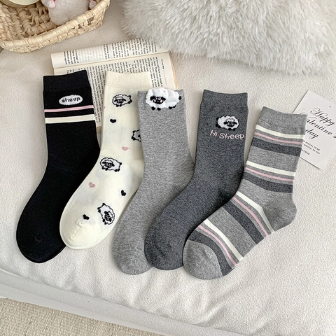 Women Crew Socks Cotton Blend Cartoon Sheep Pattern Cute Embroidery Soft Breathable Elastic Ribbed Cuff