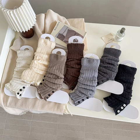 Scaldamuscoli In Maglia Donna Cotone Costine Decorazione Bottone Calze Stile Coreano Colore Solido Caldo