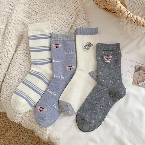 Chaussettes Mi-Mollet Pour Femmes Broderie Koala Mélange De Laine Respirant Chaud Hiver Style Japonais