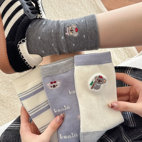 Chaussettes Mi-Mollet Pour Femmes Broderie Koala Mélange De Laine Respirant Chaud Hiver Style Japonais