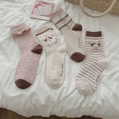 Calze Al Polpaccio Da Donna Misto Cotone Motivo Cucciolo Cartone Animato Pois Righe Stile Giapponese Traspirante Casual