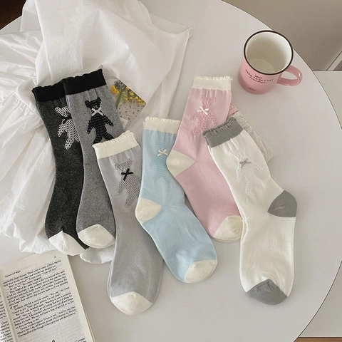 Calze Al Polpaccio Donna Misto Cotone Motivo Orso Decorazione Fiocco Bordo Volant Stile Coreano Dolce Traspirante Moda Calzini