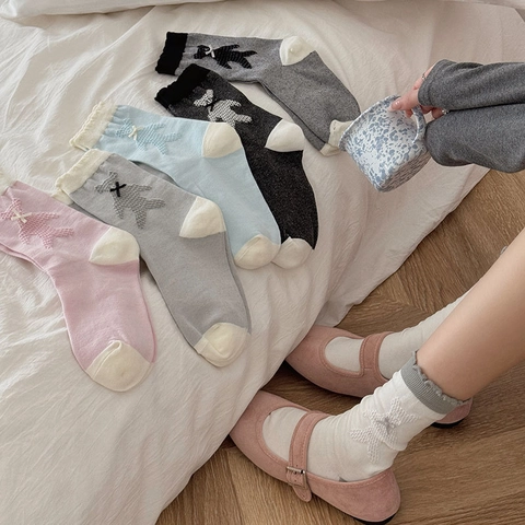 Calze Al Polpaccio Donna Misto Cotone Motivo Orso Decorazione Fiocco Bordo Volant Stile Coreano Dolce Traspirante Moda Calzini