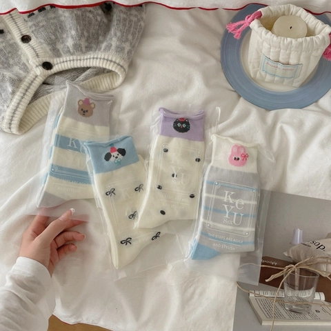 Damen Crew Socken Baumwollmischung Atmungsaktiv Süße Cartoon Tier Stickerei Japanischer Stil Schleife Gestreiftes Muster