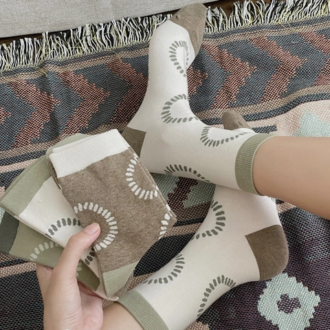 Calze Al Polpaccio Da Donna Misto Cotone Pettinato Traspiranti Motivo A Cerchi Punteggiati Stile Retro Casual Alla Moda