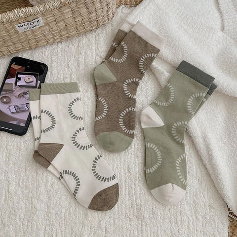 Calze Al Polpaccio Da Donna Misto Cotone Pettinato Traspiranti Motivo A Cerchi Punteggiati Stile Retro Casual Alla Moda