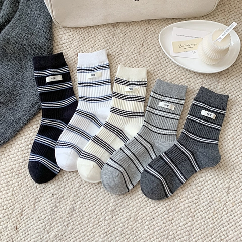 Women Cotton Blend Striped Mid Calf Socks With Decorative Label Japanese Ins Style Ribbed Casual Crew Hosiery
