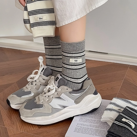 Women Cotton Blend Striped Mid Calf Socks With Decorative Label Japanese Ins Style Ribbed Casual Crew Hosiery