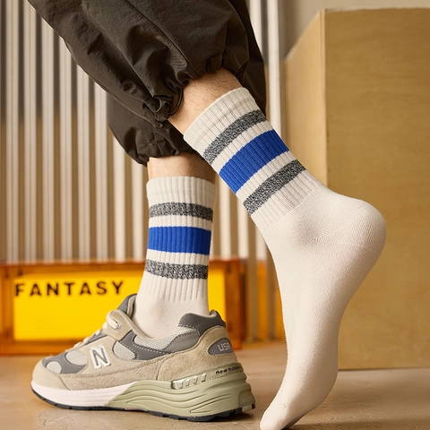 Calcetines Media Pantorrilla Hombre Mezcla Algodón Transpirable Rayas Bloque De Color Deportivo Casual Cómodo