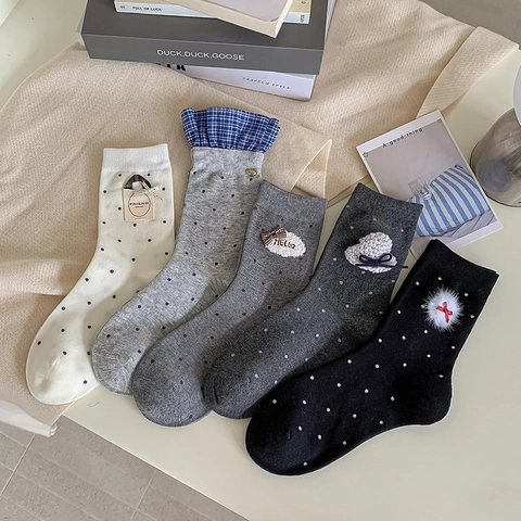 Damen Socken Baumwollmischung Mittelhoch Polka Dot Schleife Rüschen Bestickt Koreanischer Stil Trendige Ästhetische Socken