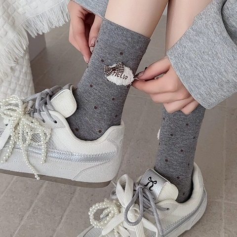 Damen Socken Baumwollmischung Mittelhoch Polka Dot Schleife Rüschen Bestickt Koreanischer Stil Trendige Ästhetische Socken