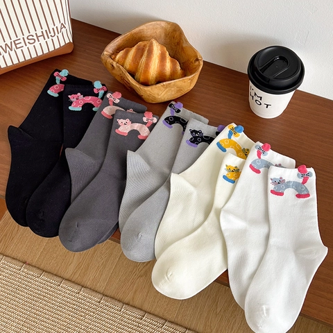 Combed Cotton Crew Socks Cute Cartoon Cat 3D Ears Rainbow Embroidery Ribbed Breathable Soft Daily Fashion Hosiery